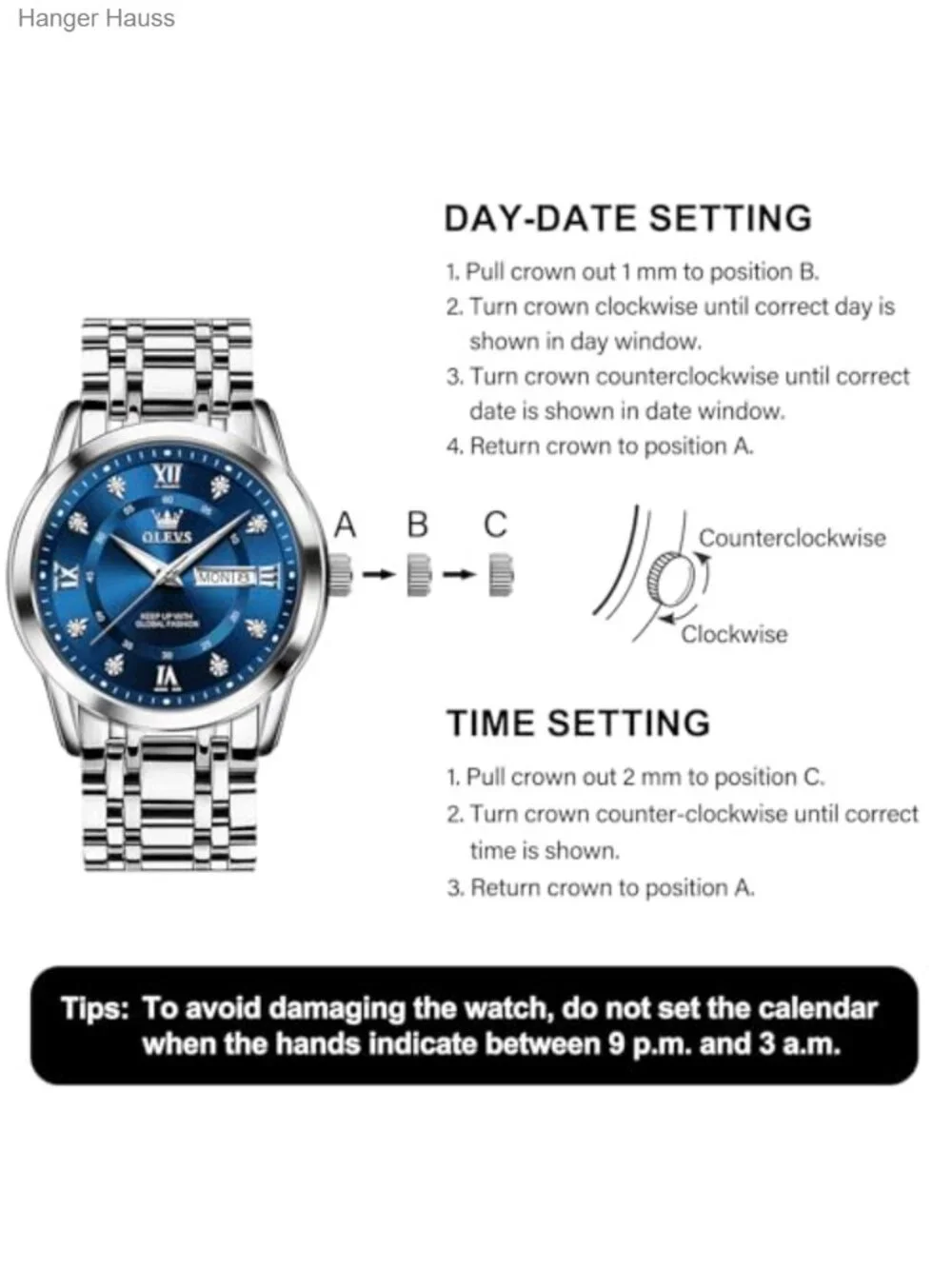 Men's Stainless Steel Watch Large Face Roman Numerals Diamond Accented Analog